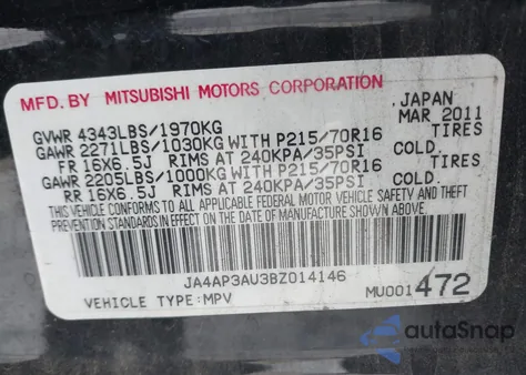 2011 Mitsubishi Outlander Sport Es z USA, uszkodzony, nr VIN JA4AP3AU3BZ014146